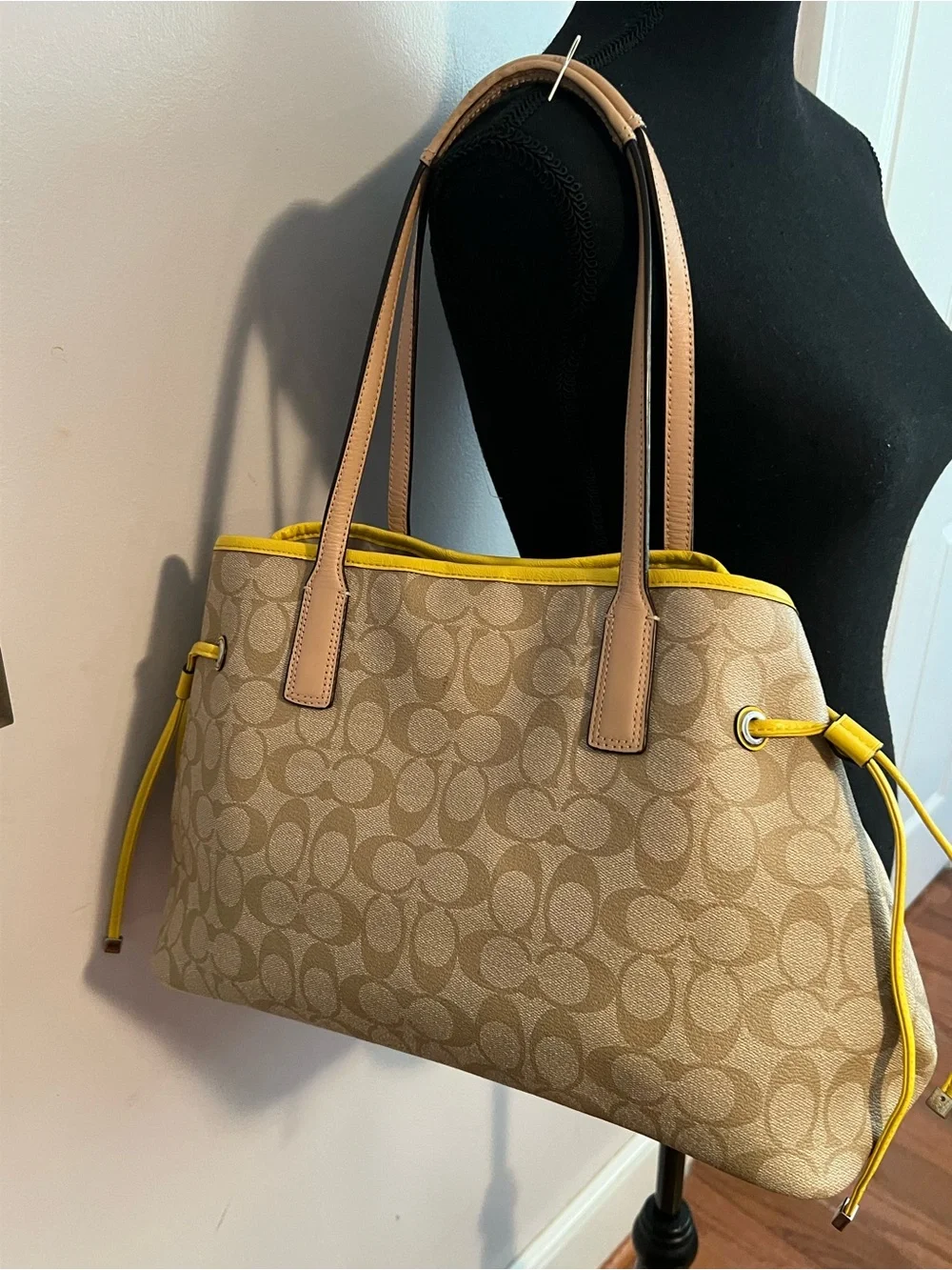 Coach Signature Stripe Drawstring Carryall Leather Shoulder Bag